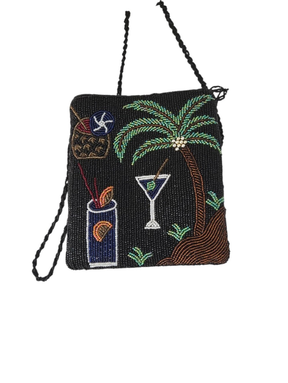 Beaded Tropical Cocktail Crossbody Bag - Black